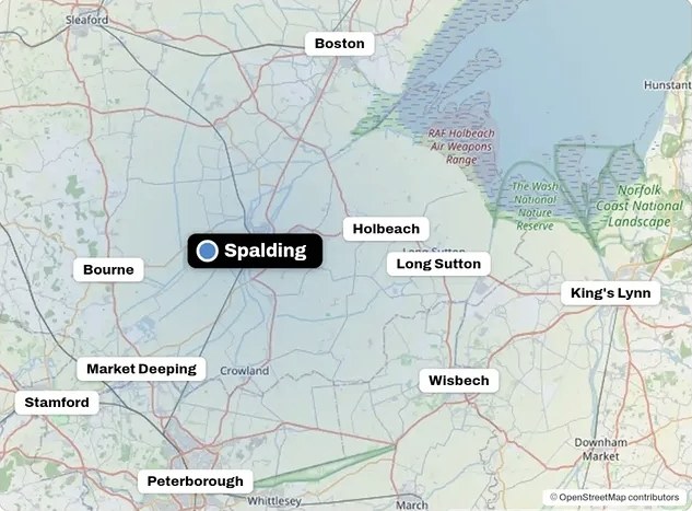 Map of the area PPM covers, centred on Spalding, with Boston, Holbeach, Long Sutton, King’s Lynn, Wisbech, Peterborough, Stamford, Market Deeping and Bourne marked